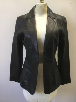 ANDREW MARC, Black, Leather, Solid, Blazer, Single Breasted, C.A., Notched Lapel, 2 Missing Buttons, 2 Pckts,