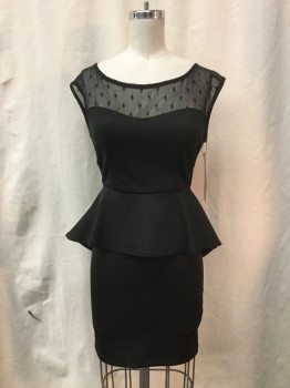 FOREIGN EXCHANGE, Black, Spandex, Dots, Solid, Scoop Neck, Sleeveless, Dotted Stretch Mesh Yoke, Sweetheart Bib Front, Back Zipper, Straight Skirt with Waist Flounce