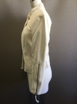 FREE PEOPLE, Bone White, Putty/Khaki Gray, Synthetic, Wool, Solid, Faux Suede Like Texture. Hidden Zip Front with Snap Closure at Neck, Collar Band, Fitted, Long Zipper Opening at Cuffs. Putty Wool Knitted Side Panels and Under sleeve Panel