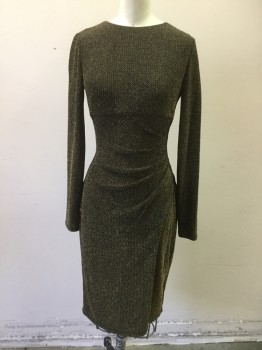 LAUREN BY R.L., Gold, Black, Synthetic, Speckled, Gold Sparkly Long Sleeves, Starburst Pleated From Left Side Seam, Crossover Skirt, Back Zip