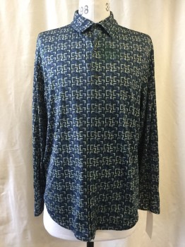 CAVIN KLEIN, Lt Blue, Blue, Dk Blue, Navy Blue, Polyester, Abstract , Button Front, Collar Attached, Long Sleeves,