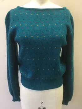 BACK TO BACK, Teal Blue, Acrylic, Dots, Spots of Mustard/Red/Magenta/Dark Blue "V" Shaped Dots, Knit, Long Sleeves, Boat Neck, Ribbed Waistband/Cuffs,