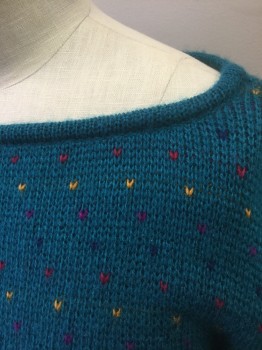 BACK TO BACK, Teal Blue, Acrylic, Dots, Spots of Mustard/Red/Magenta/Dark Blue "V" Shaped Dots, Knit, Long Sleeves, Boat Neck, Ribbed Waistband/Cuffs,