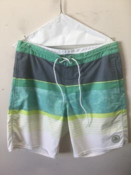 Mens, Swim Trunks, BILLABONG, Green, Faded Black, White, Lime Green, Cotton, Polyester, Stripes - Horizontal , W:32, Horizontal Panels/Stripes in Varying Widths, White Lacing/Ties at Center Front, Velcro Closure at Fly, 3 Pockets, 8.5" Inseam