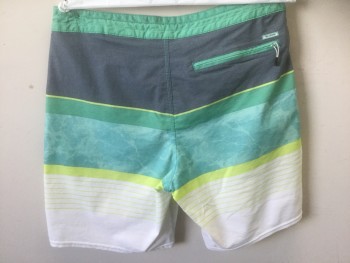 Mens, Swim Trunks, BILLABONG, Green, Faded Black, White, Lime Green, Cotton, Polyester, Stripes - Horizontal , W:32, Horizontal Panels/Stripes in Varying Widths, White Lacing/Ties at Center Front, Velcro Closure at Fly, 3 Pockets, 8.5" Inseam