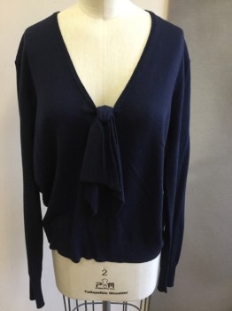 Womens, Pullover, JCREW, Navy Blue, Wool, Solid, M, V-neck, with Large Knit Bow,