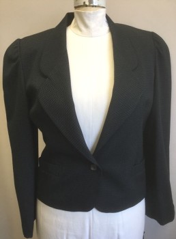 Womens, 1990s Vintage, Suit, Jacket, N/L, Black, Gray, Rust Orange, Polyester, Dots, 16, Black with Gray and Rust Diagonal Dashes/Lines Repeating Pattern, Single Breasted, Large Rounded Edge Notched Lapel, Puffy Long Sleeves, 1 Button, Shoulder Pads, 2 Welt Pockets,