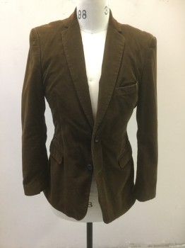 Mens, Sportcoat/Blazer, US. POLO ASSN, Brown, Tan Brown, Cotton, Suede, Solid, 38R, Brown Corduroy with Tan Suede Elbow Patches, Single Breasted, Notched Lapel, 2 Buttons,  3 Pockets, Navy/Dark Green Plaid Lining, **Has a Double