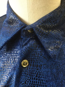 Mens, Club Shirt, GIGOLO, Royal Blue, Metallic, Polyester, Reptile/Snakeskin, L, Plush Velvet with Darker Blue Metallic Snakeskin Pattern, Long Sleeve Button Front, Collar Attached, Gold and Black Buttons