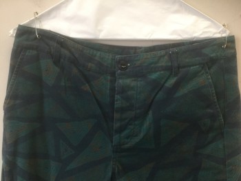 Mens, Shorts, ASOS, Teal Green, Navy Blue, Brown, Cotton, Geometric, W:32, Triangles Pattern, Twill, Button Fly, 9" Inseam, 4 Pockets, Belt Loops