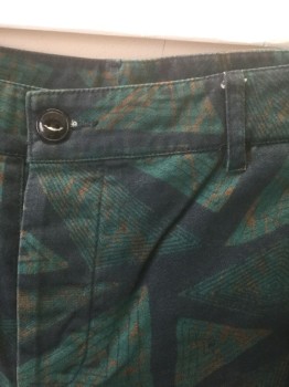 Mens, Shorts, ASOS, Teal Green, Navy Blue, Brown, Cotton, Geometric, W:32, Triangles Pattern, Twill, Button Fly, 9" Inseam, 4 Pockets, Belt Loops