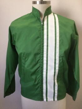 Mens, Windbreaker, CAP'N JACK, Green, White, Nylon, Solid, Stripes - Vertical , L, Solid Green with White Vertical Stripes/Columns at Left Side of Zipper, Zip Front, Stand Collar, 2 Welt Pockets, No Lining