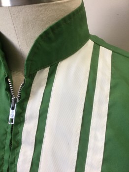 Mens, Windbreaker, CAP'N JACK, Green, White, Nylon, Solid, Stripes - Vertical , L, Solid Green with White Vertical Stripes/Columns at Left Side of Zipper, Zip Front, Stand Collar, 2 Welt Pockets, No Lining