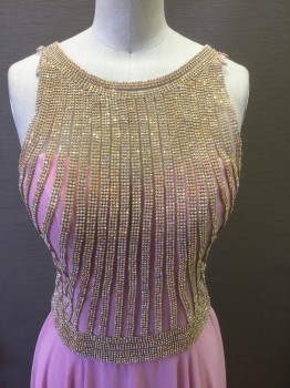 Womens, Evening Gown, GLS APAREL, Lt Pink, Gold, Silver, Polyester, Rhinestones, Solid, Stripes - Vertical , B32, XS, W24, Sheer Light Pink Bodice, Net Overlay with Stripes of Clear Rhinestones W/gold Frame, Slvlss, Round Neck,  Underlayer is Opaque Light Pink Poly/chiffon with Strapless Base, Floor Length Skirt, Matching Chiffon Scarf