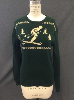 Womens, Pullover Sweater, AMERICAN LIVING, Forest Green, Cream, Cotton, Holiday, M, Dark Green with Knit Skier, Ribbed Knit Crew Neck, Long Sleeves, Ribbed Knit Cuff/Waistband