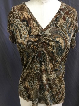 Womens, Top, SUSAN LAURENCE, Brown, Black, Gray, Tan Brown, Polyester, Lycra, Paisley/Swirls, PL, Brown/black/gray/tan Paisley Print, Vertical Gathered Center V-neck, Cap Sleeves with Light Brown Over Locked Wavy Trim