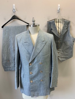 Mens, 1920s Vintage, Suit, Jacket, SIAM COSTUMES MTO, Gray, White, Linen, 2 Color Weave, 42R, Double Breasted, Peaked Lapel, 3 Pockets, Brown Linen Lining, Made To Order Reproduction, Has a Double - Fc052503