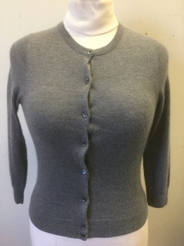 J.CREW, Gray, Cashmere, Solid, Knit, CN, B.F., 8 Btns, 3/4 Sleeve, Fitted
