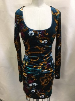 GUESS, Turquoise Blue, Polyester, Spandex, Floral, Novelty Pattern, Velvet with Floral and Gold Swirl Ornate Print, with Turquoise Lining, Scoop Neck, Long Sleeves, Side & Front Center Elastic Gathered