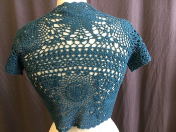 N/L, Teal Green, Cotton, Geometric, (DOUBLE)  Teal Green Crochet, Fan/scallops Edge Open Front with Self Tie, Cap Sleeves,