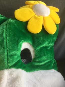 Unisex, Walkabout, N/L, Green, White, Yellow, Polyester, Solid, Color Blocking, Slv:37, C:50, Frog Walkabout HEAD- Green Furry/Plush Material with White Mouth Area, Large White and Black Cartoon Eyes with Mesh Pupils, Yellow and White Flower on Head, Package Includes Body And Spats, 65" From Base Of Neck To Ankle, Should Fit Up To 6'2"