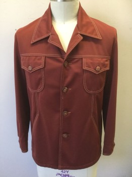 Mens, Jacket, STUDIO ONE, Brick Red, Polyester, Solid, 42, Tan Top Stitching, Leisure Jacket, 4 Buttons, Collar Attached, Horizontal Yoke Across Upper Chest, 4 Pockets, Ecru with Beige and Gray Paisley Lining,