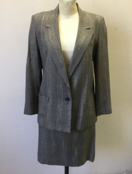 CLUB 5'4", Gray, Beige, Black, Navy Blue, Wool, Glen Plaid, Houndstooth, Single Breasted Blazer with Peaked Lapels, 1 Button, Padded Shoulders, 2 Welt Pockets, Solid Dark Purple Lining,