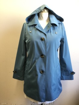 Womens, Coat, Trenchcoat, LONDON FOG, French Blue, Polyester, Solid, B:42, 12, Single Breasted, Collar Attached, Long Sleeves, Button Tab Cuffs, Button Detachable Hood