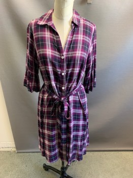 Womens, Maternity, ISABEL MATERNITY, Raspberry Pink, Black, White, Gray, Rayon, Plaid, Button Front, Ruffle at Sleeve Cuff, with Belt a Attached,  Maternity