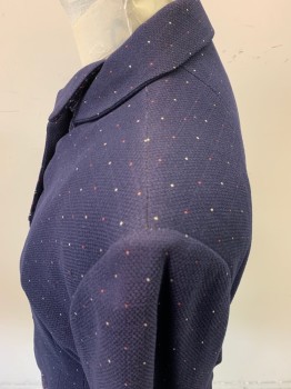 Womens, Jacket, MTO, Navy Blue, Red, White, Blue, Wool, Dots, Plaid-  Windowpane, W30 , B38, Made To Order, 3 Silver Buttons, Windowpane Plaid at Hem/Cuffs/Button Placket, Has a Covered Snap at Waist, Missing Belt, Light Shoulder Burn,