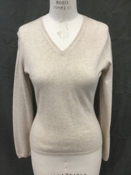 Womens, Pullover, NEIMAN MARCUS, Oatmeal Brown, Cashmere, S, V-neck, Long Sleeves, Ribbed Knit V-neck/Waistband/Cuff