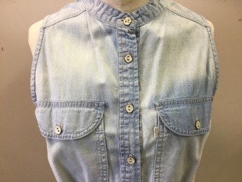 LEVI'S, Lt Blue, Cotton, Faded, Button Front, Band Collar, Gathered Waistband, Hem Above Knee, Belt Loops, 2 Chest Pockets