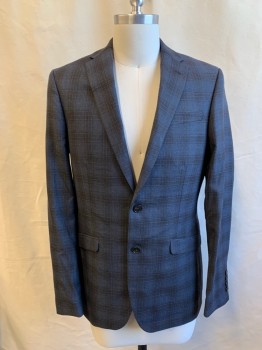 BEN SHERMAN, Blue-Gray, Brown, Black, Wool, Polyester, Plaid, Single Breasted, Collar Attached, Notched Lapel, 3 Pockets