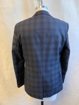 BEN SHERMAN, Blue-Gray, Brown, Black, Wool, Polyester, Plaid, Single Breasted, Collar Attached, Notched Lapel, 3 Pockets