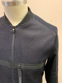 Mens, Casual Jacket, MAGINO ADONIS, Dk Blue, Cotton, Polyester, Solid, XL, Dark Blue Denim, Zip Front, Black Bomber Ribbed Knit Collar, 3 Pockets, Ribbed Knit Cuff/Waistband, Black Rubber Stripes in Various Places