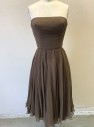 Womens, Cocktail Dress, N/L, Brown, Silk, Solid, W:23+, B:30+, Chiffon, Strapless, Bias Cut Flowy Skirt, Knee Length, Breast Padding Attached Inside, Satin Layered Panel at Center Back Waist, Early 1960's **Has TV Alterations to Take in at Bodice 7/23/21