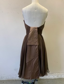 Womens, Cocktail Dress, N/L, Brown, Silk, Solid, W:23+, B:30+, Chiffon, Strapless, Bias Cut Flowy Skirt, Knee Length, Breast Padding Attached Inside, Satin Layered Panel at Center Back Waist, Early 1960's **Has TV Alterations to Take in at Bodice 7/23/21