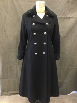 Womens, Coat, STEPHANIE MATHEWS, Black, Wool, Solid, W34, B36, Double Breasted, Silver Round Buttons with Crests, Faux Fur Rounded Collar, Faux Fur Cuff, Long Sleeves, Ankle Length