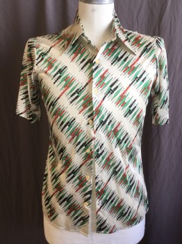 Mens, Shirt Disco, SATURDAYS VINTAGE, Cream, Green, Dk Orange, Black, Polyester, Abstract , Geometric, L, Backgammon Game Set Up Print, Collar Attached, Beige Button Front, Short Sleeves,