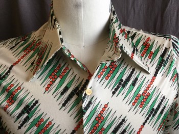 Mens, Shirt Disco, SATURDAYS VINTAGE, Cream, Green, Dk Orange, Black, Polyester, Abstract , Geometric, L, Backgammon Game Set Up Print, Collar Attached, Beige Button Front, Short Sleeves,