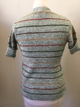 SHERIDAN, Green, White, Red, Dk Brown, Beige, Acrylic, Polyester, Heathered, Stripes - Horizontal , Short Sleeves, Open Front, 2 Patch Pocket,