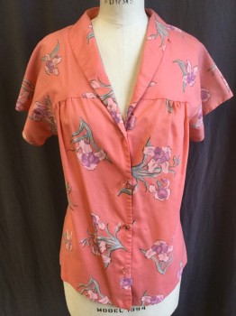 MISTER MARTY, Salmon Pink, Gray, Orchid Purple, Lt Orange, Lt Green, Polyester, Rayon, Floral, Shawl Collar Attached, Yoke Front & Back Extended to Cap Sleeves, Button Front,