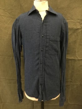 TALLIA, Navy Blue, Linen, Cotton, Solid, Button Front, Collar Attached, Long Sleeves, 1 Pocket