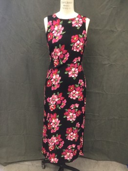 ESPRIT DE CORP, Black, Pink, Fuchsia Pink, Green, White, Polyester, Floral, Sleeveless, Zip Back, 1/2" Attached Back Belt, Ankle Length