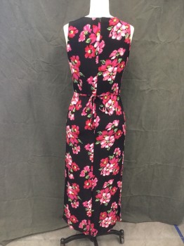 ESPRIT DE CORP, Black, Pink, Fuchsia Pink, Green, White, Polyester, Floral, Sleeveless, Zip Back, 1/2" Attached Back Belt, Ankle Length