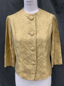 Womens, 1960s Vintage, Suit, Jacket, N/L, Goldenrod Yellow, Silk, Floral, W 30, B 38, Floral Jacquard, Fabric Covered Button Front, 3/4 Sleeve, Cocktail, Evening