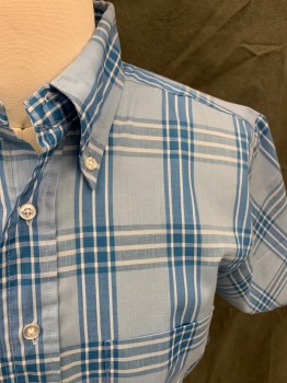 CAMPUS, Blue, Baby Blue, White, Cotton, Plaid, Button Front, Collar Attached, Button Down Collar, 1 Pocket, Short Sleeves,