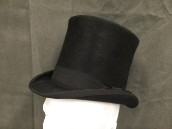 Mens, Historical Fiction Hat , KAMINSKY, Black, Fur, 56, 7, Top Hat, 1 1/8" Wide Faille Band and Edging at Brim, 6" Tall Crown, Rolled Side Brim