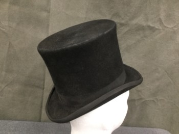 KAMINSKY, Black, Fur, Top Hat, 1 1/8" Wide Faille Band and Edging at Brim, 6" Tall Crown, Rolled Side Brim