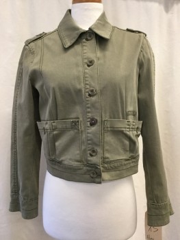 Womens, Casual Jacket, HEI HEI, Green, Cotton, Spandex, Solid, XSP, Button Front, Collar Attached, Epaulets, Pleated Pockets